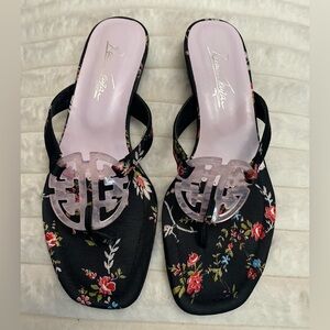 Ramon Tenza Black Floral Mules with Pale Pink Emblem